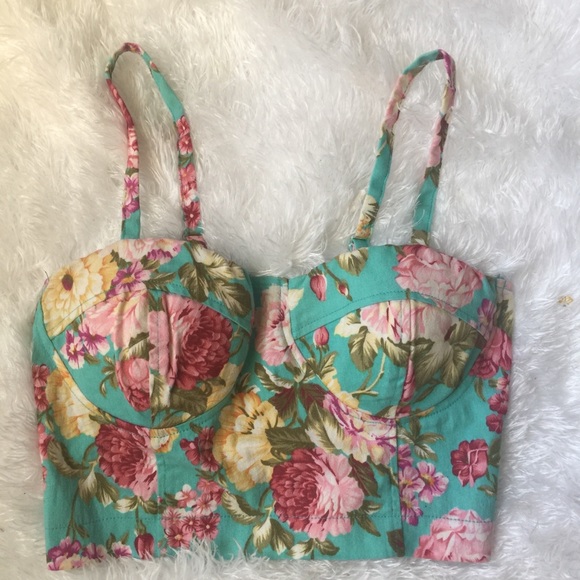 Deb Tops - Teal floral pattern bustier crop top
